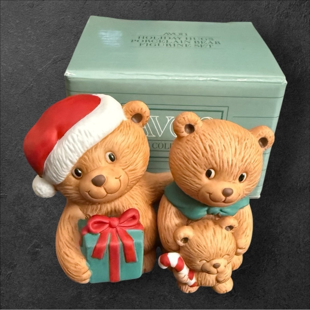 Vintage Avon Holiday Hugs Porcelain Bear Figurine Set - New Old Stock - 1990